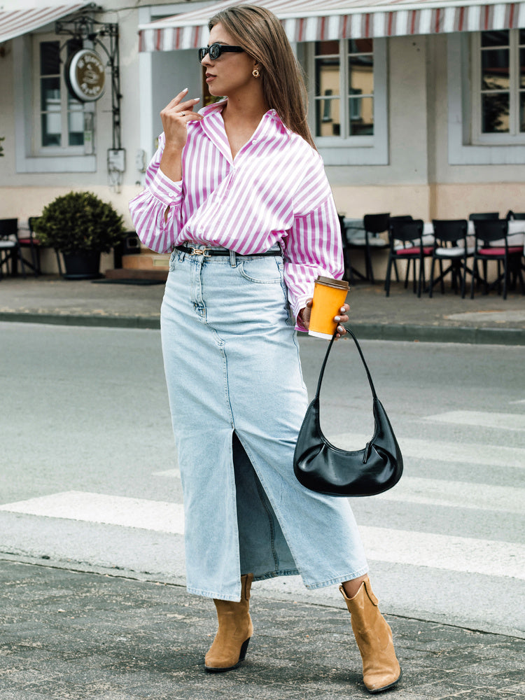 Ilgas džinsinis mėlynas sijonas Almi