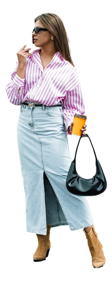 Ilgas džinsinis mėlynas sijonas Almi