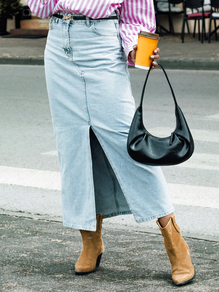 Ilgas džinsinis mėlynas sijonas Almi